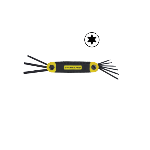 The G FORCE 24047 is a compact 9-piece folding Torx key set in black and yellow with an ergo grip handle, featuring foldable arms from T6 to T30. It boasts a sleek design with a black star-shaped icon.